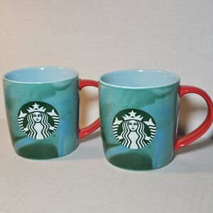 Set Of 2 Starbucks 2024 Holiday Mug Set Green Blue Swirl Red Handle 11oz